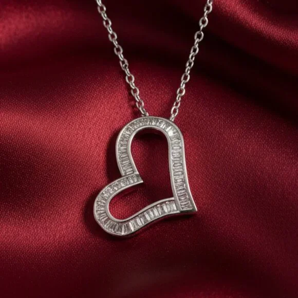 Open Heart Simulated Baguette Moissanite Silver Pendant Necklace NWOT - Picture 6 of 9